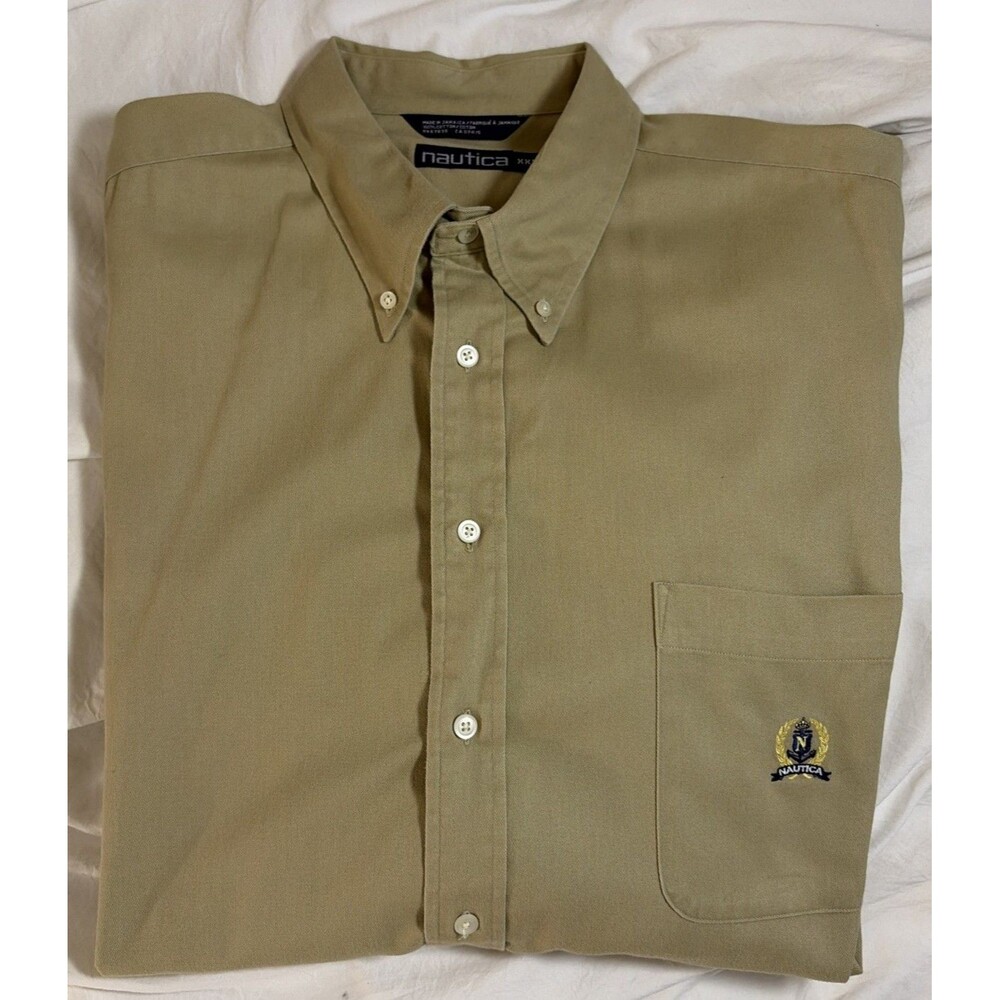 VTG 90s Nautica Heavyweight Cotton Twill Button Down Shirt Mens XXL Tan Khaki